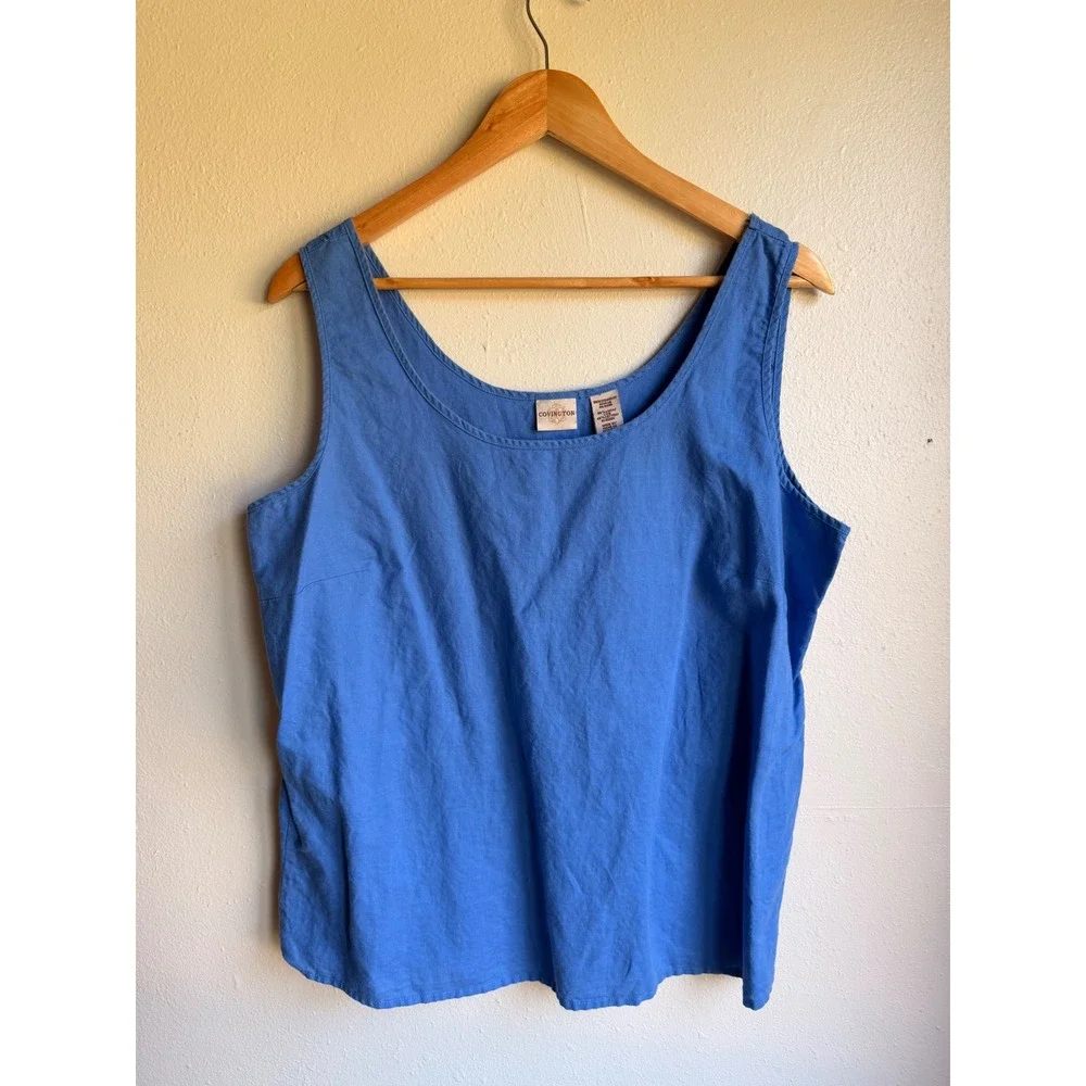Covington Blue Linen Blend 2 Piece Set Burnout Floral Blouse & Tank XL